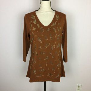 New! Susan Graver Weekend Shirt Top XS Woman Brown V-Neck 3/4 Sleeve Embellished